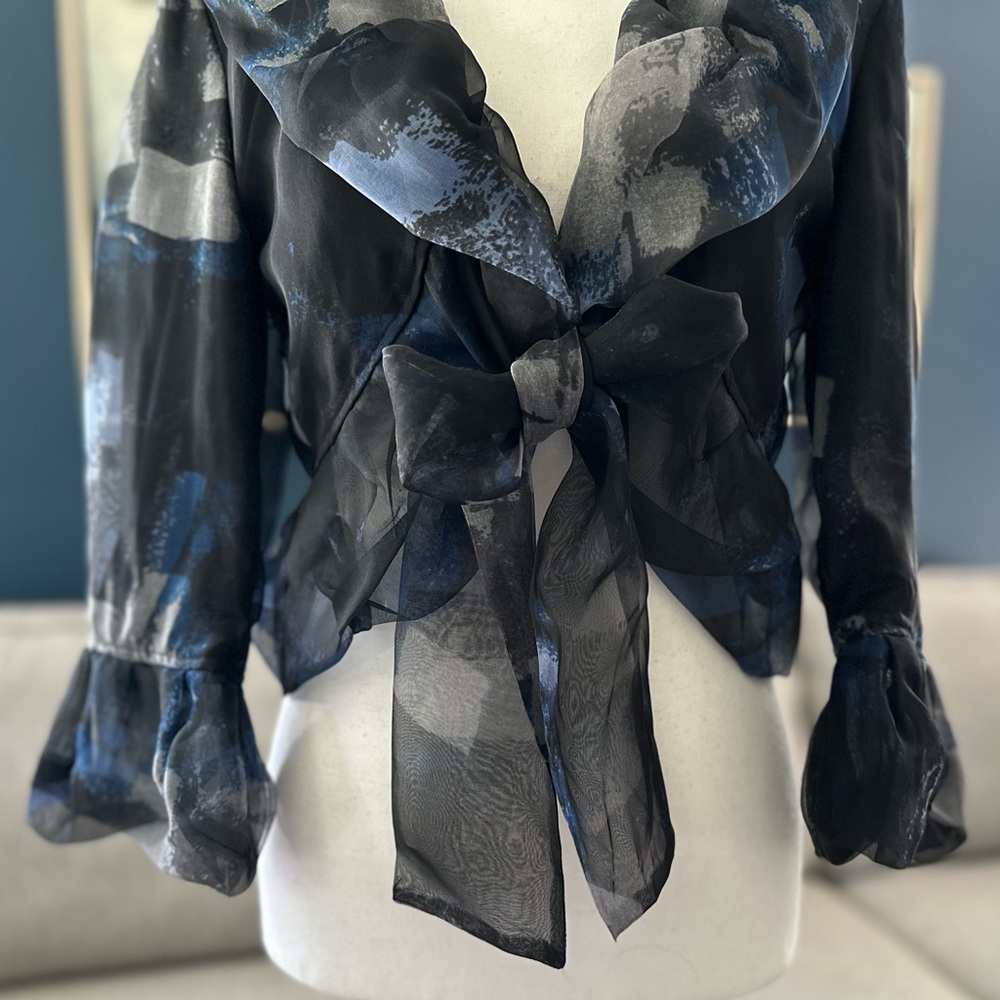 Samuel Dong 100% Silk Organza Crop Bolero Jacket, Blue/Black/Gray Print, Sz S - Picture 3 of 12